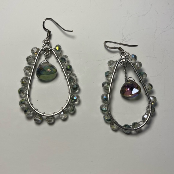 Artisan Silver Tone Wire Wrapped Smoky Crystal Drop Hoop Earrings - Picture 5 of 7